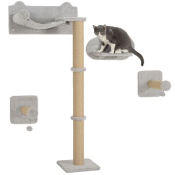 Pawhut 4 Piece Cat Shelves W/ Scratching Post, Steps, Jumping Platform, Ladder, Toy Balls, For Indoor Cats, Light Grey