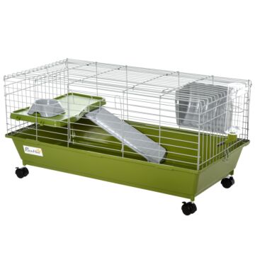 Pawhut 35" Small Animal Cage Chinchilla Guinea Pig Hutch Ferret Pet House With Platform Ramp, Food Dish, Wheels, & Water Bottle