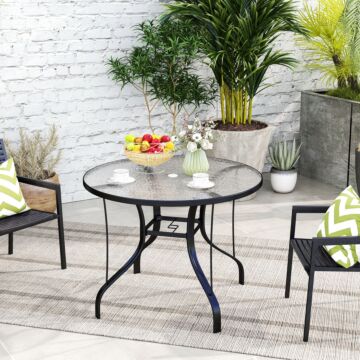 Outsunny Tempered Glass Top Round Outdoor Dining Table With Parasol Hole, 96.5 X 96.5 X 71 Cm