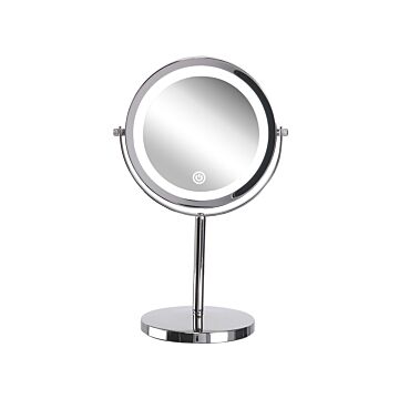 Lighted Table Mirror Silver Metal Ø 20 Cm Double Sided Magnifying Led Lights Beliani