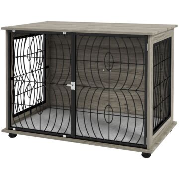 Pawhut 37" Indoor Dog Crate Furniture End Table W/ Plush Washable Cushion, Lockable Door, For Large Size Dogs