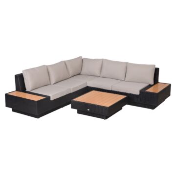 Outsunny 5-seater Rattan Garden Furniture Outdoor Sectional Corner Sofa And Coffee Table Set Conservatory Wicker Weave W/ Armrest And Cushions, Black