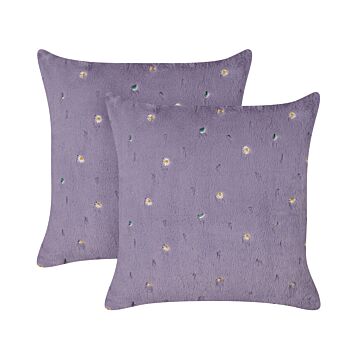 Set Of 2 Scatter Cushions Violet Shaggy Polyester Fabric Floral Pattern 45 X 45 Cm Beliani