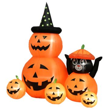 Outsunny 180 Cm Tall Halloween Inflatables Pumpkin And Cat With Built-in Led Lights, Self-inflating Outdoor Halloween Decoration For Garden Party, Orange And Black