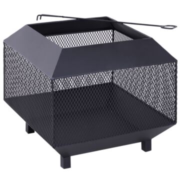 Outsunny Metal Square Fire Pit Outdoor Mesh Firepit Brazier W/ Lid, Log Grate, Poker For Backyard, Camping, Wood Burning Stove, 44 X 44 X 40cm, Black