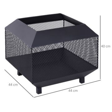 Outsunny Metal Square Fire Pit Outdoor Mesh Firepit Brazier W/ Lid, Log Grate, Poker, Wood Burning Stove, 44 X 44 X 40cm, Black