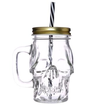 Glass Drinking Jar With Lid & Straw - Skull Shaped