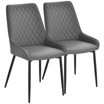 Homcom Set Of 2 Quilted Pu Leather Dining Chairs With Metal Frame 4 Legs Foot Caps Home Seating Modern Stylish Executive Grey