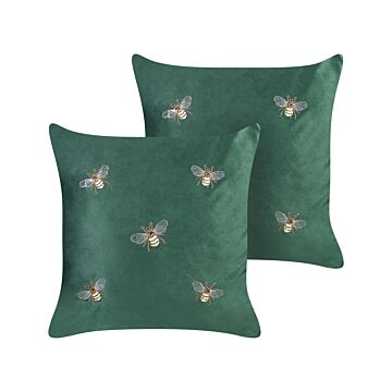 Set Of 2 Decorative Cushions Green Bees Motif 45 X 45 Cm Velvet Polyester Modern Glamour Decor Accessories Beliani