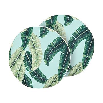 Set Of 2 Garden Cushions Green Polyester ⌀ 40 Cm Round Leaf Pattern Motif Modern Design Throw Scatter Pillow Beliani