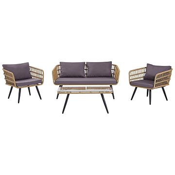 Garden Conversation Sofa Set Beige Faux Rattan With Grey Cushions And Tempered Glass Coffee Table Steel Legs Rustic Beliani