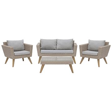 Patio Set Taupe Rattan 2 Seater 2 Chairs Grey Cushions Outdoor Country Beliani