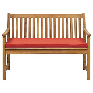 Garden Bench Light Acacia Wood 120 Cm Red Seating Cushion Padding Slatted Design Outdoor Patio Rustic Style Beliani