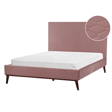 Eu Double Bed Pink Velvet Fabric 4ft6 Upholstered Frame Headboard Honeycomb Quilted Modern Design Beliani
