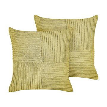 Set Of 2 Decorative Pillows Green Corduroy 43 X 43 Cm Striped Pattern Modern Design Throw Cushions Beliani