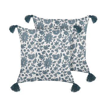 Set Of 2 Decorative Cushions White And Blue Cotton 45 X 45 Cm Geometric Pattern Block Print With Tassels Boho Decor Accessories Beliani
