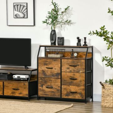 Homcom Bedroom Chest Of Drawers, Industrial 5 Fabric Drawer Dresser With Open Shelf, Rustic Brown