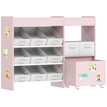 Aiyaplay Kids Toy Storage Unit With 11 Bins, Cabinet, Top Shelves, 3 Stickers, For Nursery, Playroom, Pink