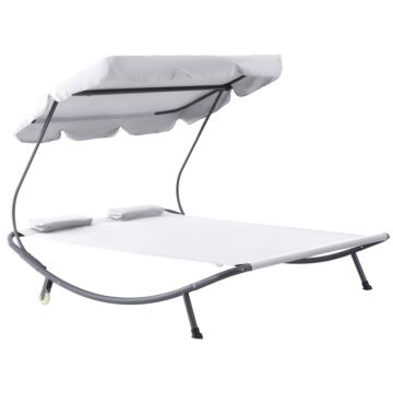 Outsunny Patio Double Hammock Sun Lounger Bed W/ Canopy Shelter, Wheels & 2 Pillows, White
