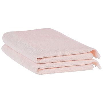 Set Of 2 Bath Sheets Towels Pink Terry Cotton Polyester 100 X 150 Cm Tassels Texture Bath Towels Beliani