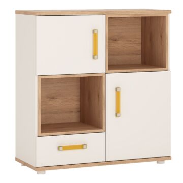 4kids 2 Door 1 Drawer Cupboard With 2 Open Shelves In Light Oak And White High Gloss (orange Handles)