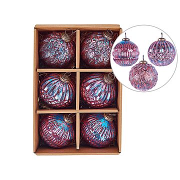 Set Of 6 Christmas Baubles Pink Glass Hanging Xmas Tree Balls Holiday Decor Beliani
