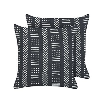 Set Of 2 Decorative Cushions Black And White Cotton 45 X 45 Cm Geometric Pattern Block Print Boho Decor Accessories Beliani