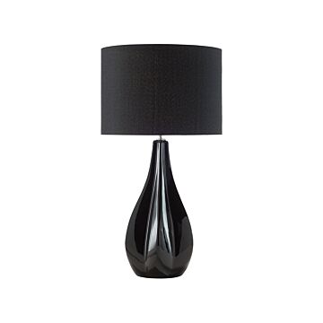 Table Lamp Black Porcelain Faux Silk Drum Shade 60h Cm Glamour Living Room Beliani