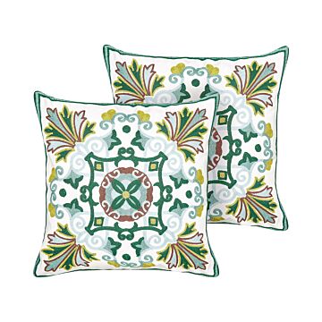 Set Of 2 Scatter Cushions Green Cotton Fabric Oriental Pattern 45 X 45 Cm Throw Pillow Beliani