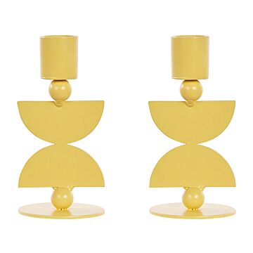 Set Of 2 Candle Holders Yellow Iron Round Shape Modern Boho Candlesticks Decoration Beliani