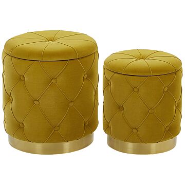 Set Of Storage Pouffes Mustard Polyester Velvet Button Tufted Upholstery Golden Base Retro Design Beliani