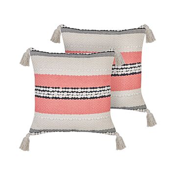 Set Of 2 Decorative Pillows Beige And Red Cotton 45 X 45 Cm Striped Pattern With Tassels Boho Design Throw Cushions Beliani