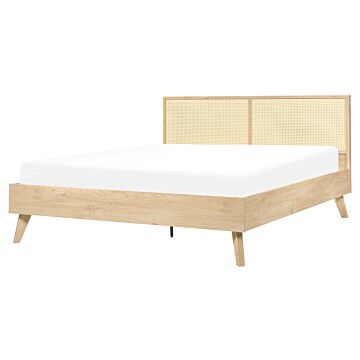 Panel Bed Light Wood Rattan Eu King Size 5ft3 Slatted Frame Bed Base Braided Headboard Modern Boho Beliani