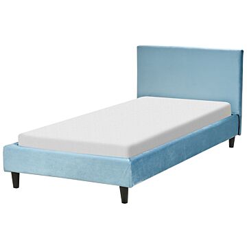Eu Single Size Panel Bed 3ft Light Blue Velvet Slatted Frame Contemporary Beliani