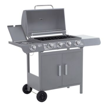 Outsunny 4+1 Burner Gas Bbq Grill, Outdoor Barbecue Trolley With Wheels, Warming Rack, Side Shelves, Cabinet, Thermometer For Garden, Party, Camping, 125 L X 51 W X 100 H Cm, Grey