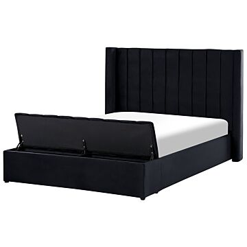 Eu Double Size Panel Bed Black Velvet 4ft6 Slatted Base High Headrest With Storage Bench Beliani