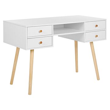 Home Office Desk White 4 Storage Drawers Light Solid Wood Legs 110 X 55 Cm Scandinavian Beliani