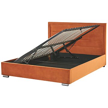 Storage Bed Orange Velvet Upholstery Eu Super King Size 6ft Modern Design Padded Headboard Ottoman Lift Beliani
