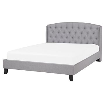 Slatted Bed Frame Grey Polyester Fabric Upholstered Tufted Headrest 5ft3 Eu King Size Modern Design Beliani