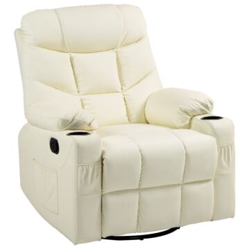 Homcom Manual Reclining Chair, Recliner Armchair With Swivel, Faux Leather, Footrest, Cup Holders, 86x93x102cm, Cream