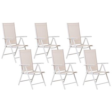 Set Of 6 Garden Chairs Beige Textile White Aluminium Frame Powder Coated Foldable Reclining Modern Design Beliani