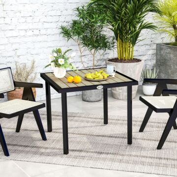 Outsunny Square Garden Dining Table With 5.4cm Parasol Hole, Slatted Top, Metal Frame, 86 X 86 X 71cm, Brown