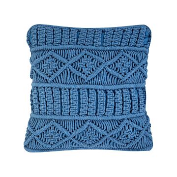 Decorative Cushion Blue Cotton Macramé 45 X 45 Cm Rope Boho Retro Decor Accessories Beliani