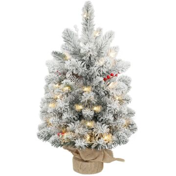 Homcom 60 Cm Prelit Small Christmas Tree With 35 Led Lights, Snow Flocked Tabletop Mini Xmas Tree With 72 Dense Branches, Pine Cones, Berry Clusters And Linen Cover Base, Battery Operated, Green