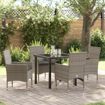 Vidaxl 5 Piece Garden Dining Set With Cushions Grey Poly Rattan, Vidaxl Garden Table Black 80x80x73 Cm Tempered Glass