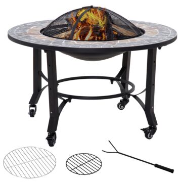 Outsunny 2-in-1 Outdoor Fire Pit On Wheels, Patio Heater With Cooking Bbq Grill, Firepit Bowl With Screen Cover, Fire Poker For Backyard Bonfire