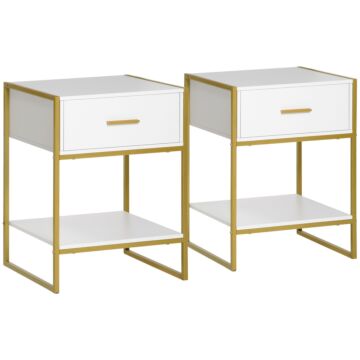 Homcom Bedside Table Set Of 2, Modern Side Table With Drawer And Shelf, Nightstand For Bedroom, White