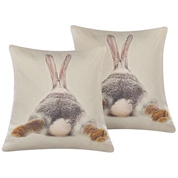Set Of 2 Decorative Cushions Taupe Cotton Easter Bunny Print 45 X 45 Cm Square Beliani