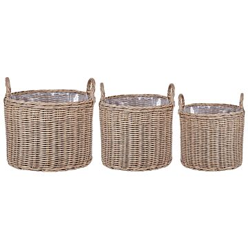 Set Of 3 Plant Baskets Brown Pe Rattan Round With Handles Synthetic Inlay Beliani