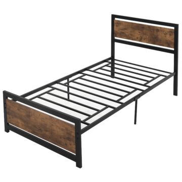 Homcom Single Metal Bed Frame With Headboard & Footboard, Strong Slat Support Solid Bedstead Base W/ Underbed Storage Space, No Box Spring Needed